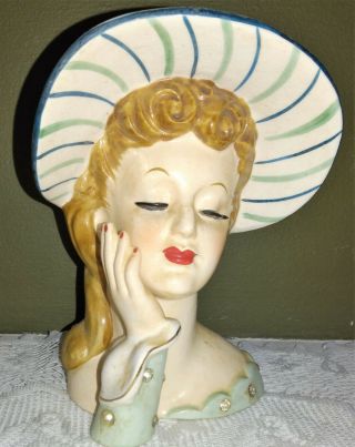 Lady Head Vase Vintage Napco Green Striped Hat Blonde Head 1956 C1776a 5 - 1/2 ".