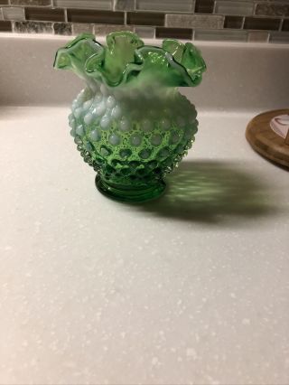 Fenton Lime Green Opalescent Hobnail 4 1/2 Inch Vase Vintage