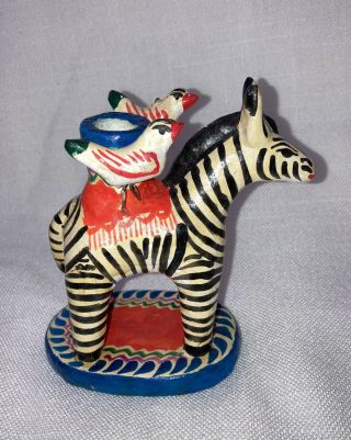 Vintage Mexico Folk Art Pottery Hand Painted Candle Stick Holder Zebra W/ Birds
