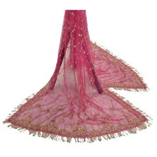 Sanskriti Vintage Dupatta Long Stole Net Mesh Pink Veil Hand Beaded Scarves