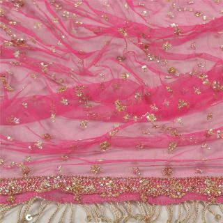 Sanskriti Vintage Dupatta Long Stole Net Mesh Pink Veil Hand Beaded Scarves 2
