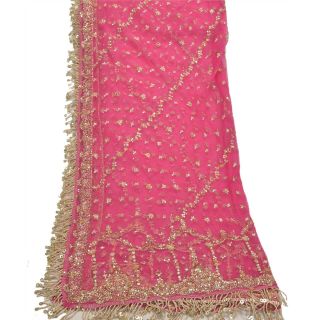 Sanskriti Vintage Dupatta Long Stole Net Mesh Pink Veil Hand Beaded Scarves 3