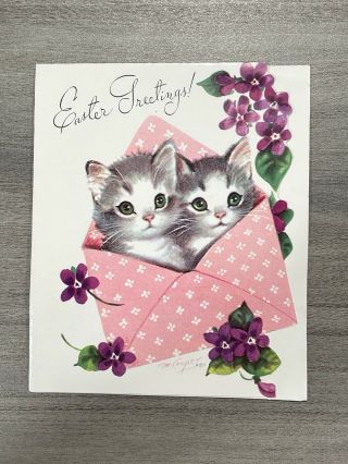 Vintage Greeting Card Easter Envelope Flowers Cat Kitten Hat M Cooper Rust Craft