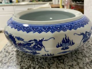 Vintage Chinese Blue/white Dragon Bonsai Flower Bulb Pot Planter Round Bowl 9 "