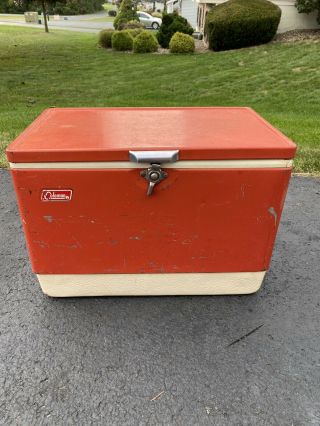 Vintage July 1981 Red Metal Coleman Cooler Ice Chest 22 1/2 " X 13 1/2 " X 16”