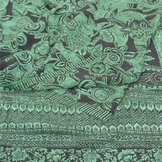 Sanskriti Vintage Black Sarees Pure Crepe Silk Printed Sari Floral Craft Fabric