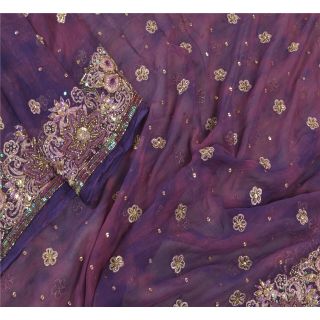 Sanskriti Vintage Dupatta Long Stole Pure Chiffon Silk Purple Handmade Tie - Dye