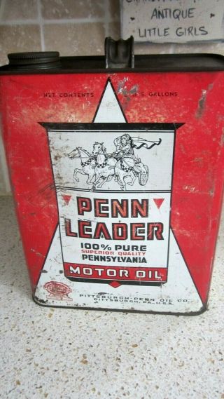 Rare Vintage Penn Leader Pennsylvania Motor Oil 2 Gal Can Pittsburg Penn Oil Co.