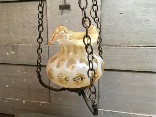 Vintage Hanging Light Fixture Brass Honey Amber Glass Coin Spot Shade