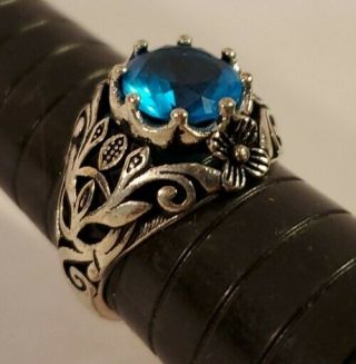 Vintage Art Deco Sterling Silver Statement Ring Detailed Filigree Blue Stone Sz7