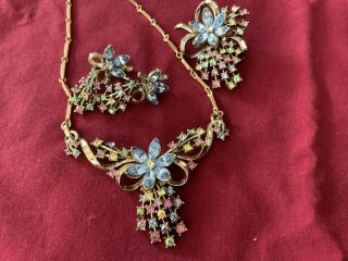 Vintage Coro Blue Star/multi Colored Rhinestone Necklace,  Earrings,  Pin Gold Set