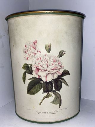 Vintage Mid Century Pixie Products Metal Pink Trash Can Peonie Flower Gold