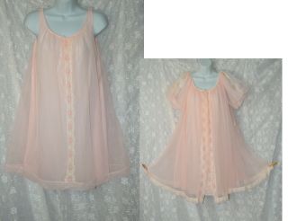 Vtg Pink Chiffon Babydoll Negligee Nightgown Set S M