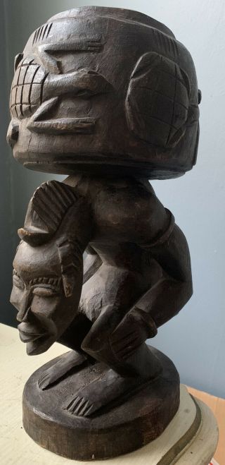 Vintage African Art Wood Carved Figure Statue/ Bowl 11 X 6”