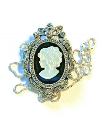 Vintage Signed Sterling Silver Marcasite Cameo Brooch Pin Pendant Necklace
