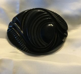 Vintage Bakelite Heavily Carved Large Black Deco Dimensional Pin