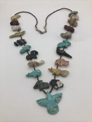 Vintage Zuni Hand Carved Natural Multi Stone Fetish Necklace 28 Inches
