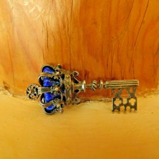 Vintage Caviness Sterling Silver And Blue Enamel Crown Key Pin / Brooch