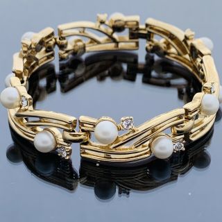 Vtg Trifari Crown Signed Gold Tone Pearl Rhinestone Bracelet Designer - 1