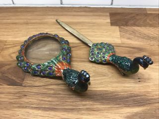 Vintage Enameled Jeweled Peacock Loupe Magnifier Glass & Letter Opener Set 2