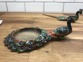 Vintage Enameled Jeweled Peacock Loupe Magnifier Glass & Letter Opener Set 3