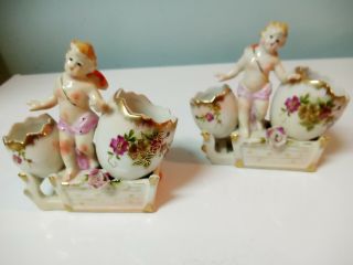 Vintage Bond Ware L& M Porcelain Figurine,  Vase,  Angel,  Cherub,  Eggs.  Set of 2 2