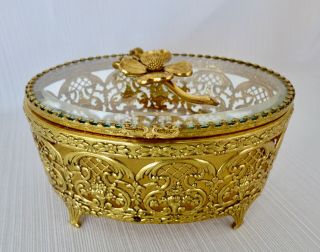 Vintage Ormolu Filigree Jewelry Casket Beveled Glass Trinket Box Gold Gilt Fancy