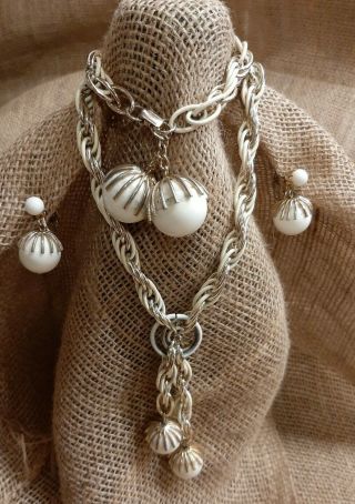 Vintage Coro Necklace & Clip On Earrings & Bracelet Set Signed Gold & White