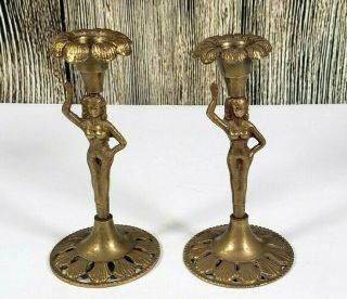 Vintage Figural Art Nouveau Candlestick Set Of 2 Semi Nude Women Made In India
