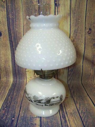 Vintage Currier & Ives Cabin Scene Milk Glass Hobnail Shade Oil Hurricane Lamp