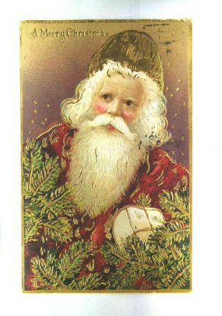 Vintage Christmas Greetings Postcard Santa Claus Year Gift Fir - Tree Decor