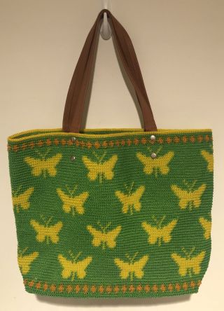 Knit Tote Bag Plastic Yarn Green Yellow Butterflys Retro Vintage 20” W X 15” H