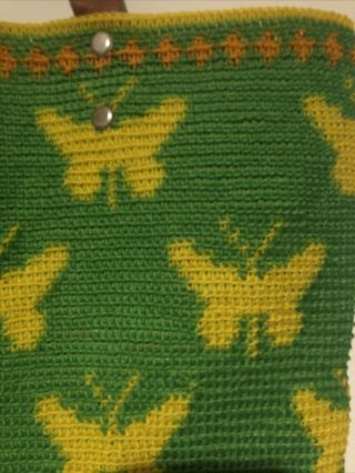 Knit Tote Bag Plastic Yarn Green Yellow Butterflys Retro Vintage 20” W X 15” H 2