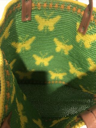 Knit Tote Bag Plastic Yarn Green Yellow Butterflys Retro Vintage 20” W X 15” H 3
