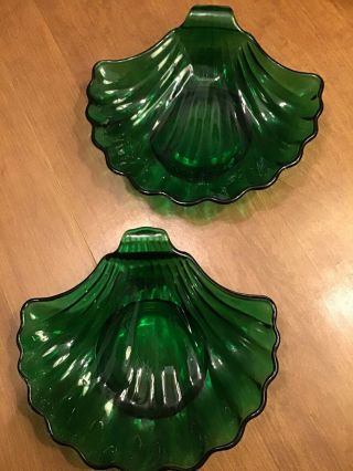 Vintage Anchor Hocking Forest Green Glass Sea Shell Dishes