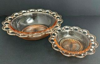 Vintage Pink Depression Glass Bowls With Open Lace Edge Old Colony Set 9 " & 6 "