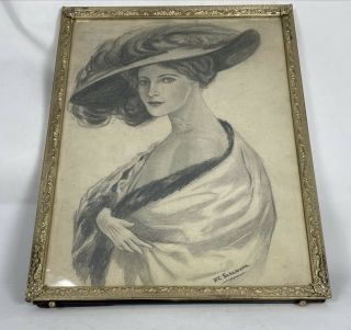 Charcoal Art Portrait F C Schumann Woman Bareshoulders Large Hat Signed Vintage