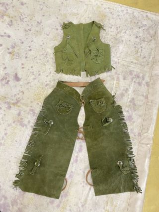 Vintage Childs Green Suede Cowboy/girl Outfit Western Fringe Chaps,  Vest Size 6