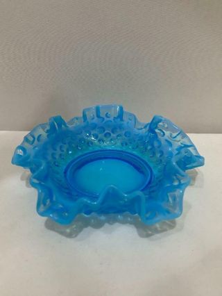 Vintage Fenton Hobnail Blue Opalescent Ruffled Edge Glass Candy Nut Dish