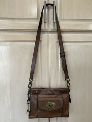 Vtg Fossil Revival Brown Leather Crossbody/shoulder Bag W/ Key 10x8