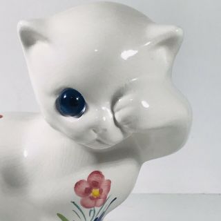 Elpa Vintage Ceramic Cat White With Hand Painted Flowers Alcobaca Portugal 6.  5 "