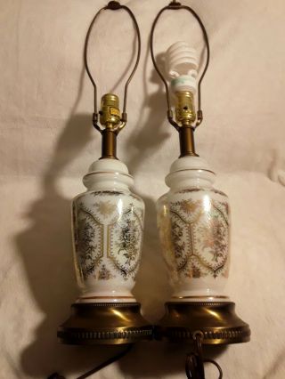 2 - Vintage White Frosted Glass Lamps With Gold Flower Design And Brass Base