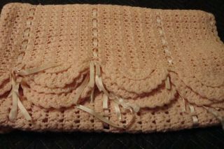 Vintage Hand Knit Crocheted Pink Baby Blanket W/ Ribbons Quilt Nursery Decor 216