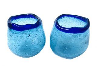 Vtg Mexican Hand Blown Blue Art Glass Votive Tea Light Candle Holder Pair