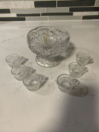 Vintage Miniature Clear Glass Punch Bowl Set 6 Cups