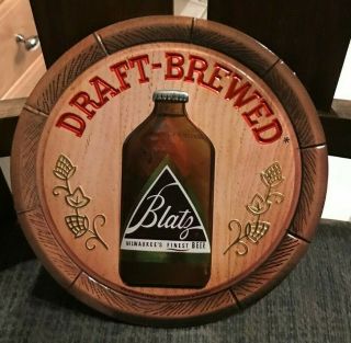 Vintage Blatz Beer Barrel Top Foil Over Cardboard Sign W/ Bottle Milwaukee Wi