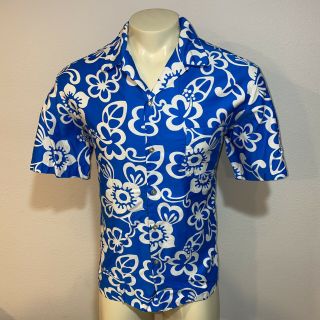 Vtg 60s 70s Horloha Hawaiian Shirt Loop Collar Blue Floral Hawaii Mens Large
