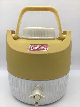 Vintage 1977 Coleman 1 Gallon Yellow White Water Cooler Jug Spout With Cup