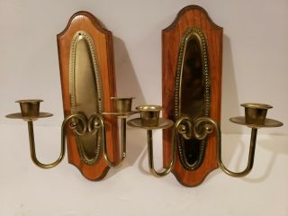 Set Of 2 Vintage Wall Sconces Wood With Double Gold Plated Candle Holders