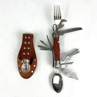 Vintage Camping Survival Multi - Tool Folding Spoon Fork Knives W/ Case From Japan